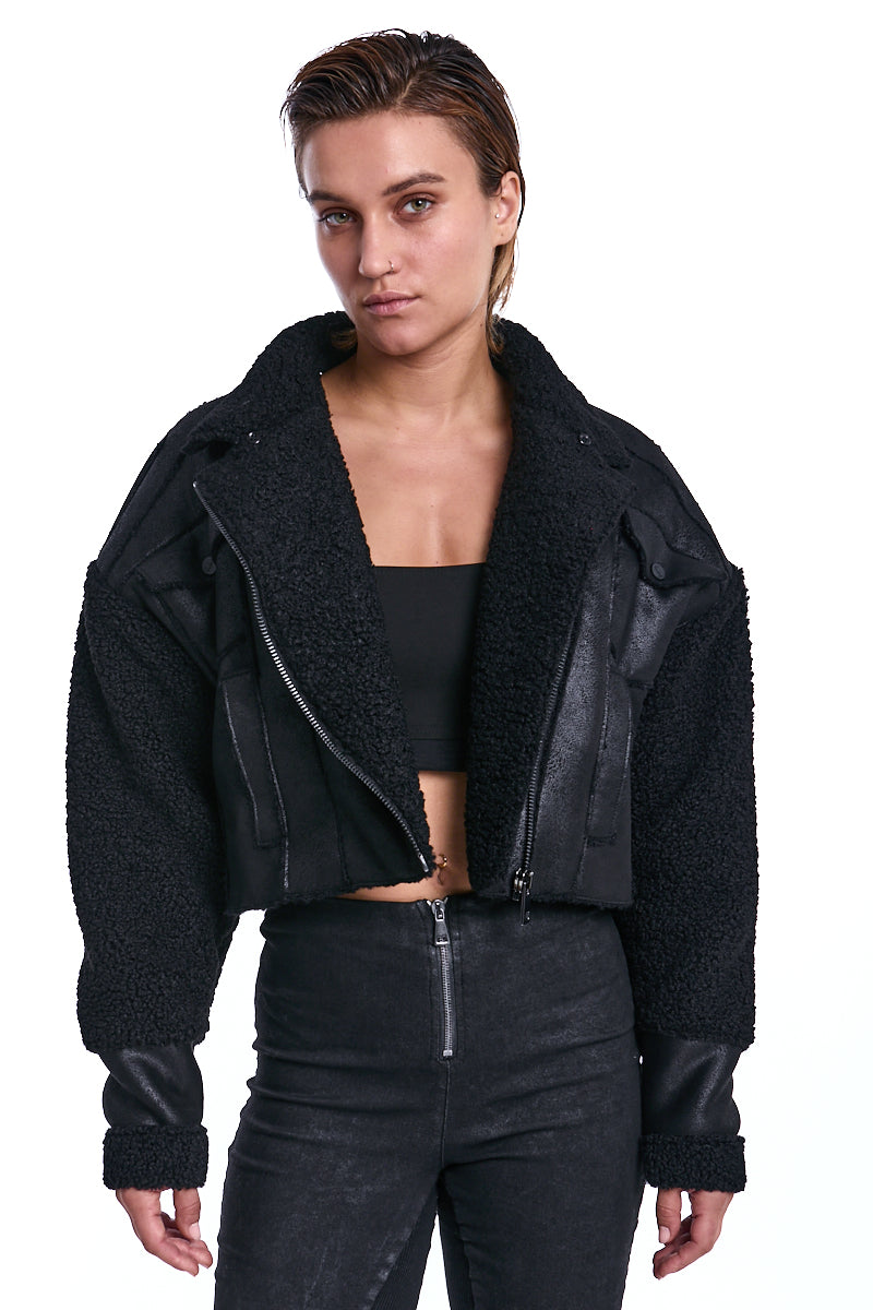 BLACK CROPPED VEGAN SHEEPSKIN &amp; FUR JACKET
