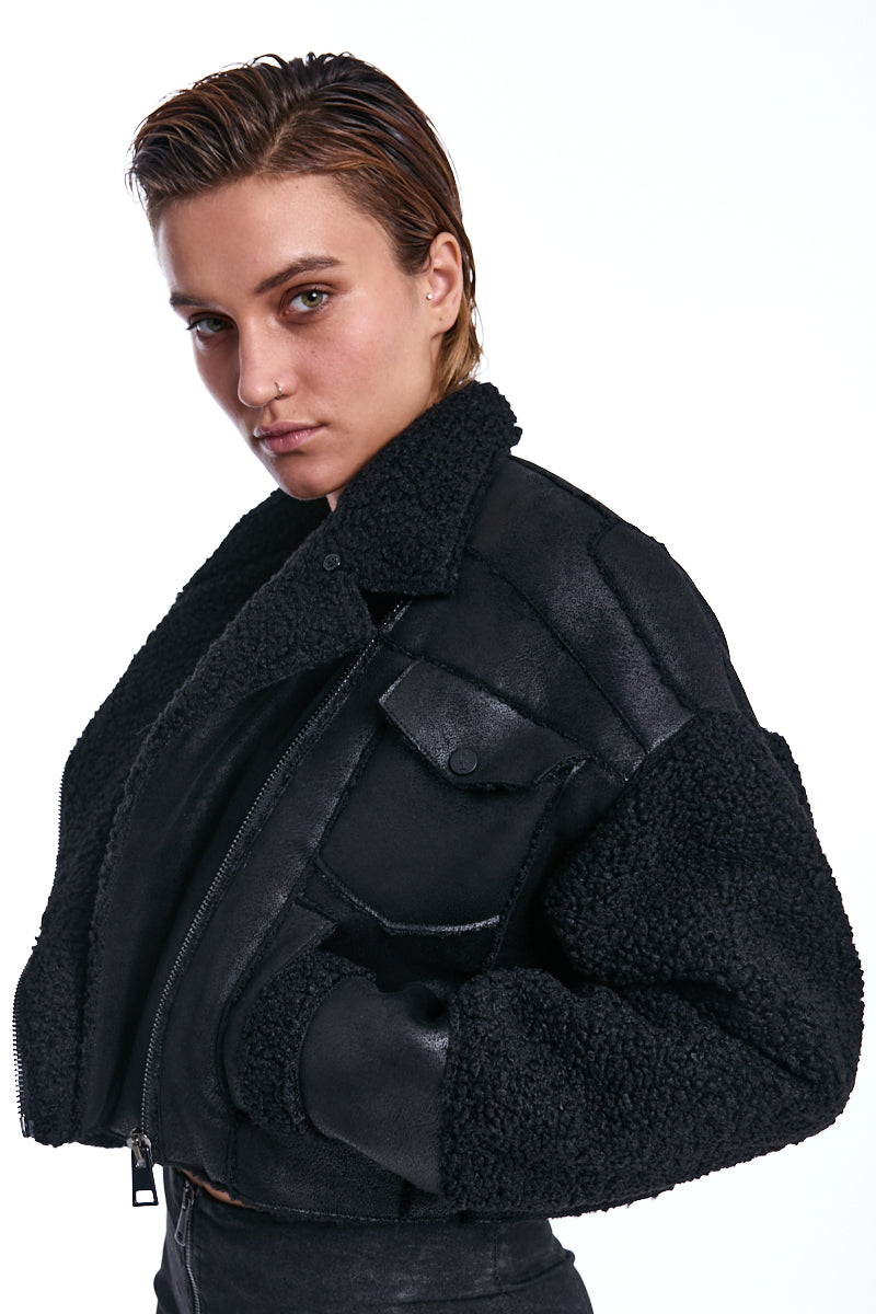 BLACK CROPPED VEGAN SHEEPSKIN &amp; FUR JACKET