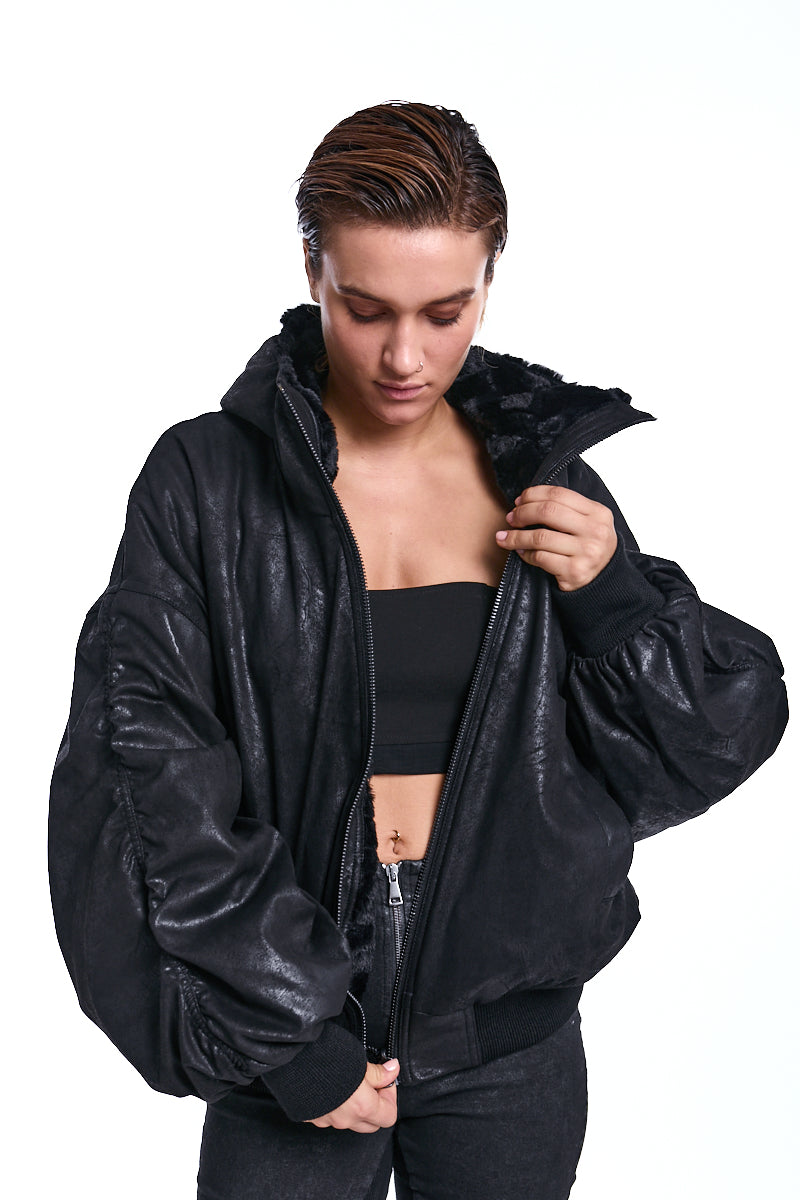 BLACK OVER FAUX SUEDE DOUBLEFACE JACKET