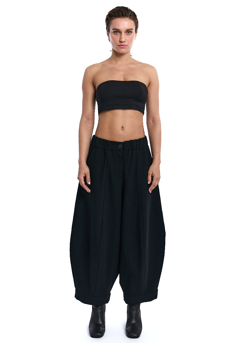 BLACK BARREL LEG WOOL BLEND PANTS