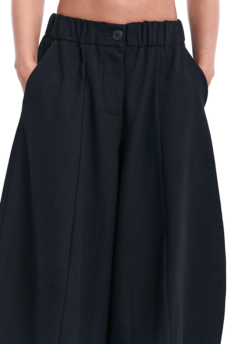BLACK BARREL LEG WOOL BLEND PANTS
