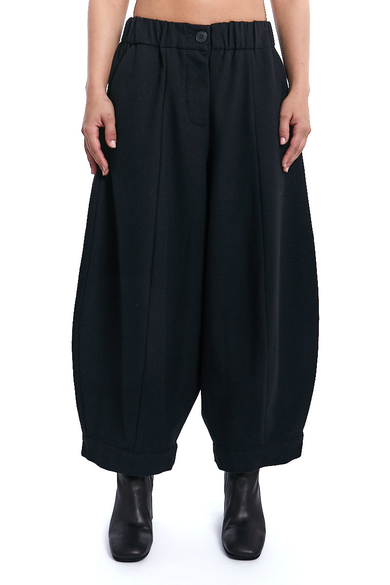 BLACK BARREL LEG WOOL BLEND PANTS