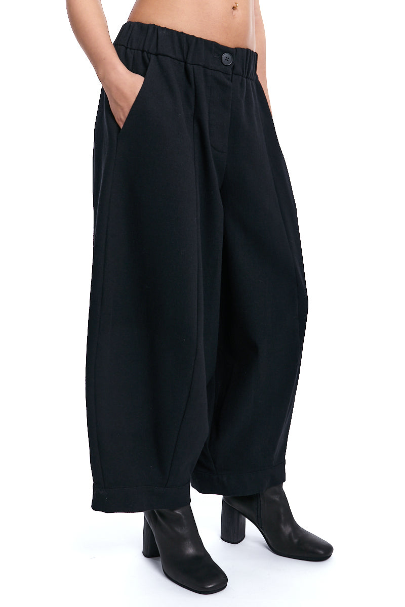 BLACK BARREL LEG WOOL BLEND PANTS