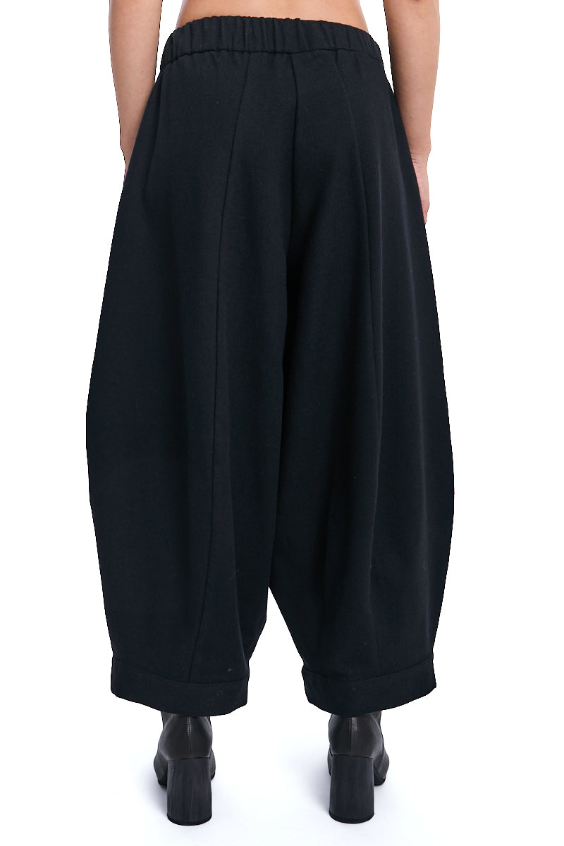 BLACK BARREL LEG WOOL BLEND PANTS