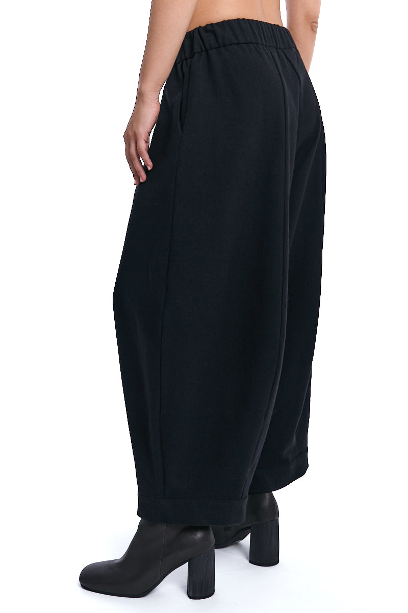 BLACK BARREL LEG WOOL BLEND PANTS