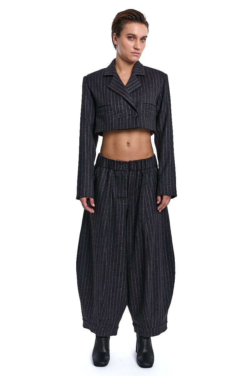 TRUFFLE STRIPED DOUBLE-BREASTED CROP BLAZER