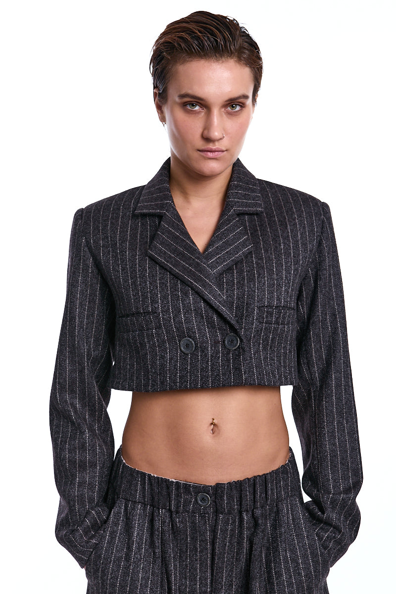 TRUFFLE STRIPED DOUBLE-BREASTED CROP BLAZER