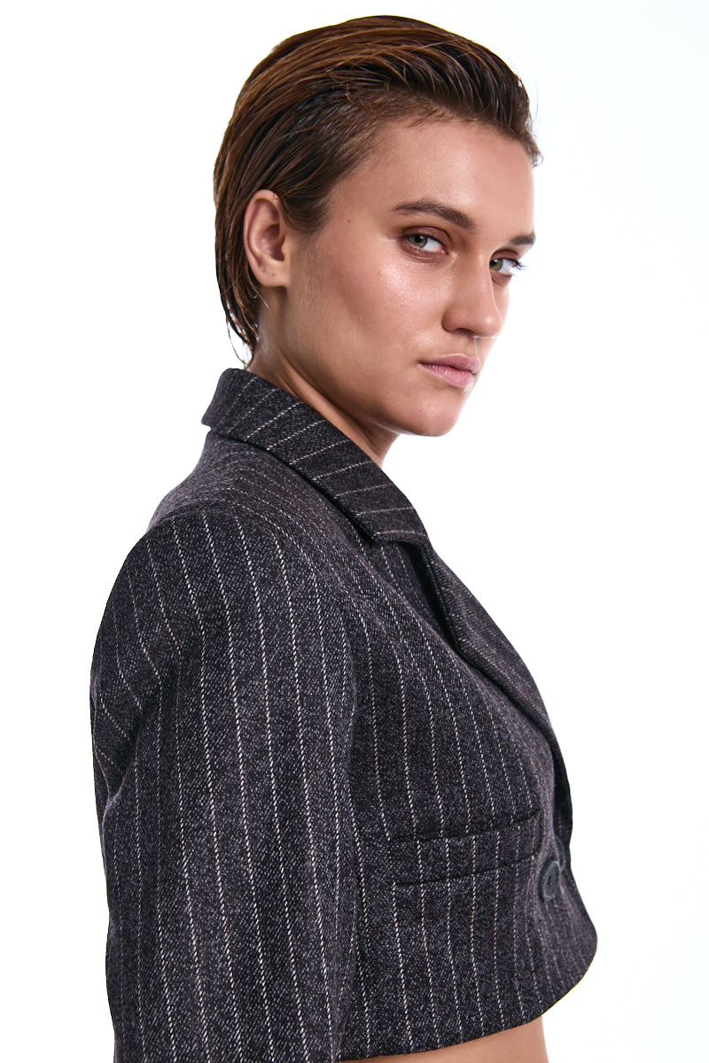 TRUFFLE STRIPED DOUBLE-BREASTED CROP BLAZER