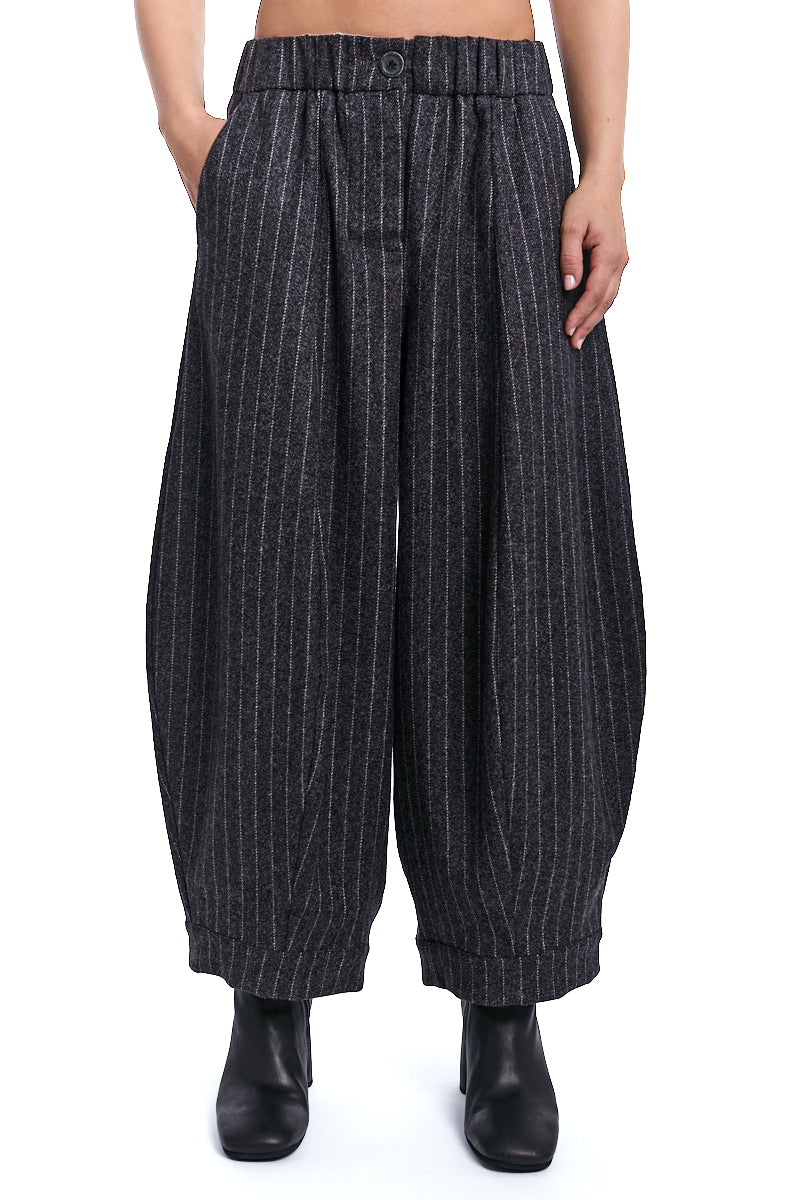 TRUFFLE STRIPED BARREL LEG WOOL BLEND PANTS