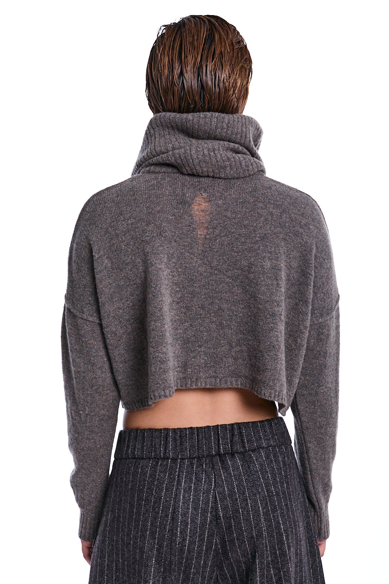 FADED BROWN CROP WOOL SWEATER WITH SNOOD