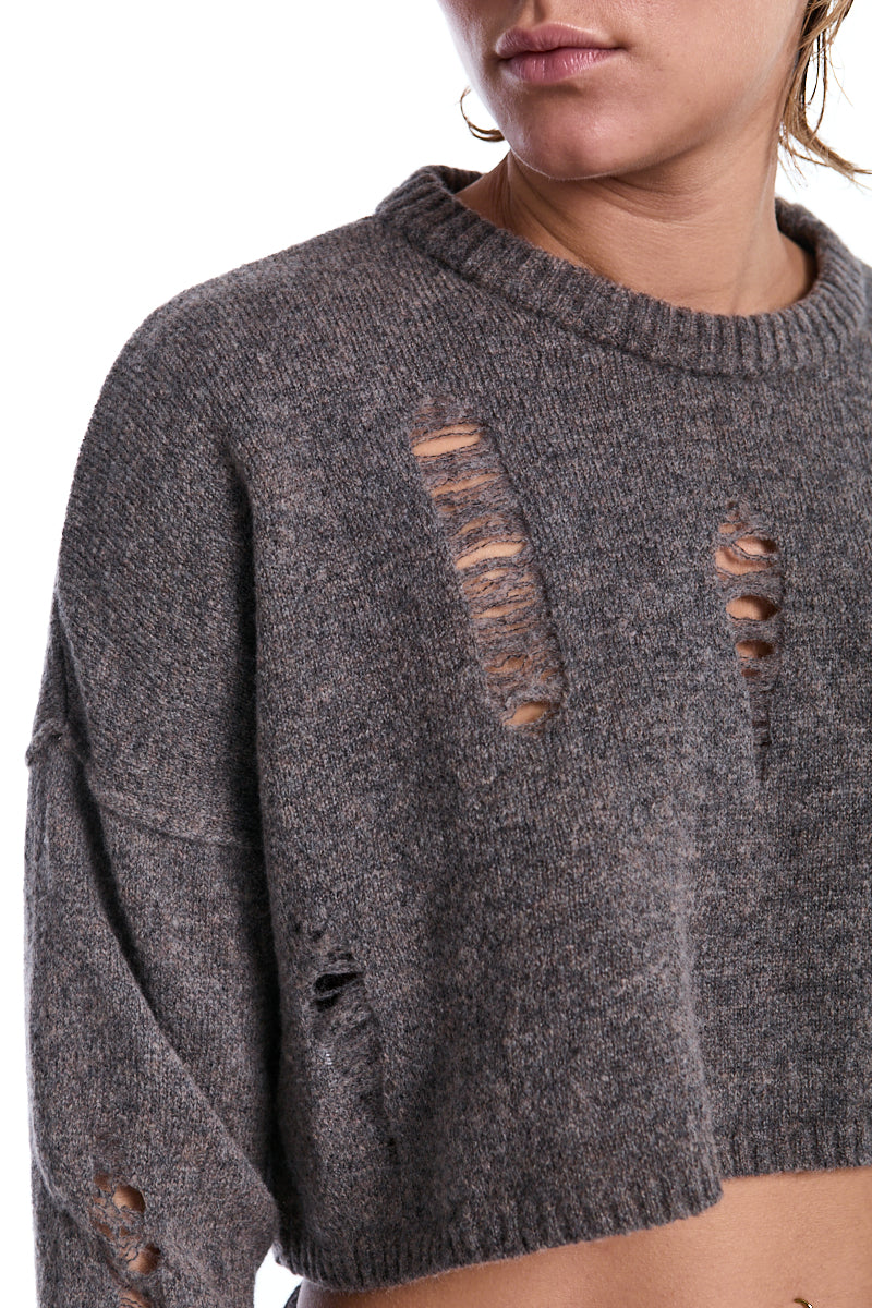 FADED BROWN CROP WOOL SWEATER WITH SNOOD