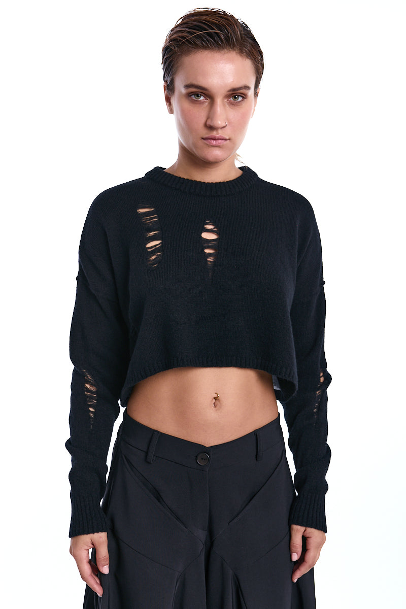 BLACK CROP WOOL SWEATER WITH SNOOD