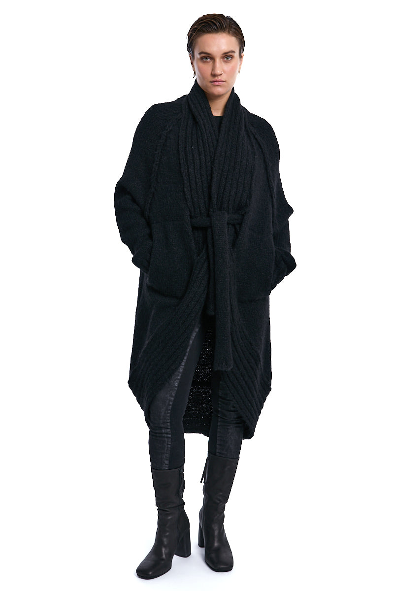 BLACK CHUNKY SHAWL COLLAR CARDIGAN
