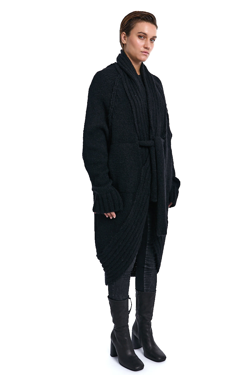 BLACK CHUNKY SHAWL COLLAR CARDIGAN