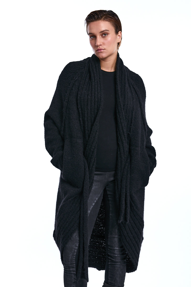 BLACK CHUNKY SHAWL COLLAR CARDIGAN