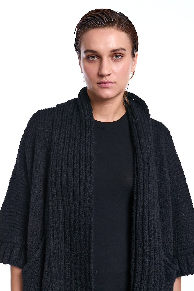 BLACK 3/4 SLEEVE OPEN FRONT CARDIGAN