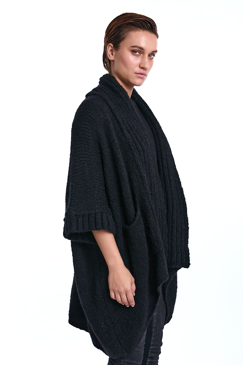 BLACK 3/4 SLEEVE OPEN FRONT CARDIGAN