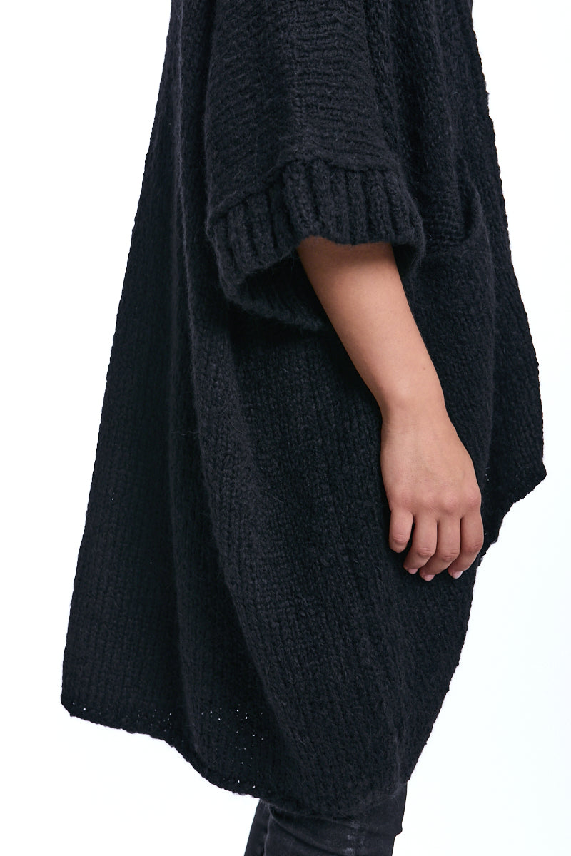 BLACK 3/4 SLEEVE OPEN FRONT CARDIGAN