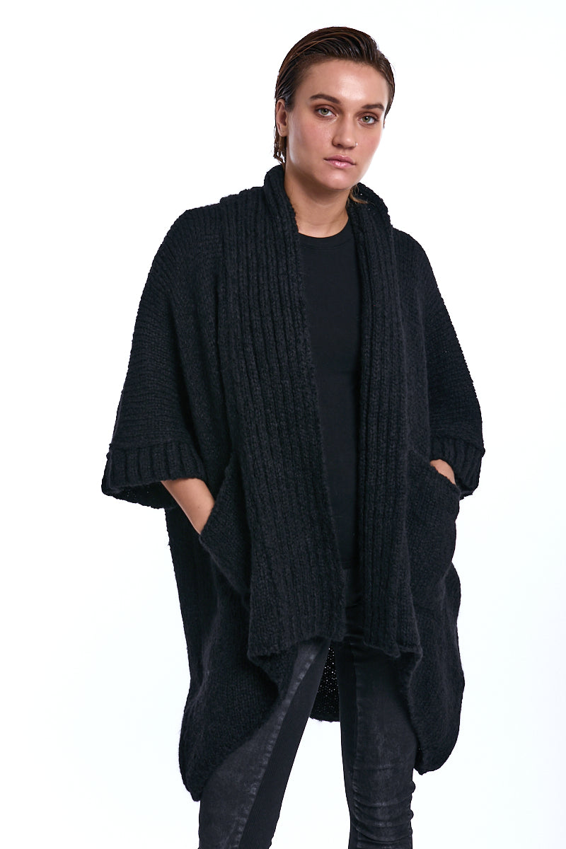 BLACK 3/4 SLEEVE OPEN FRONT CARDIGAN