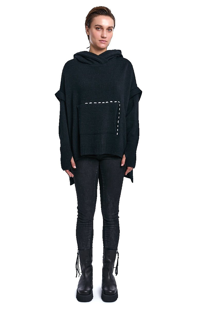 BLACK HOODED WOOL SWEATER