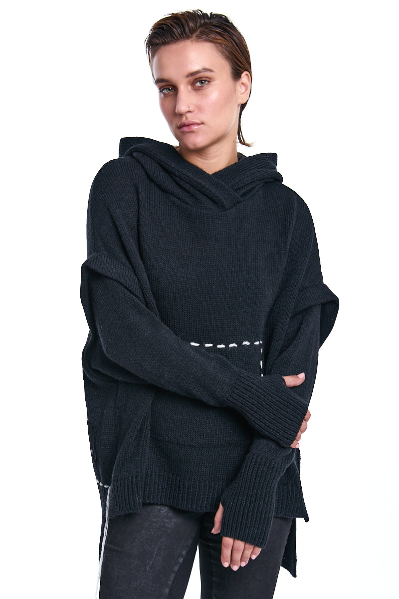 BLACK HOODED WOOL SWEATER