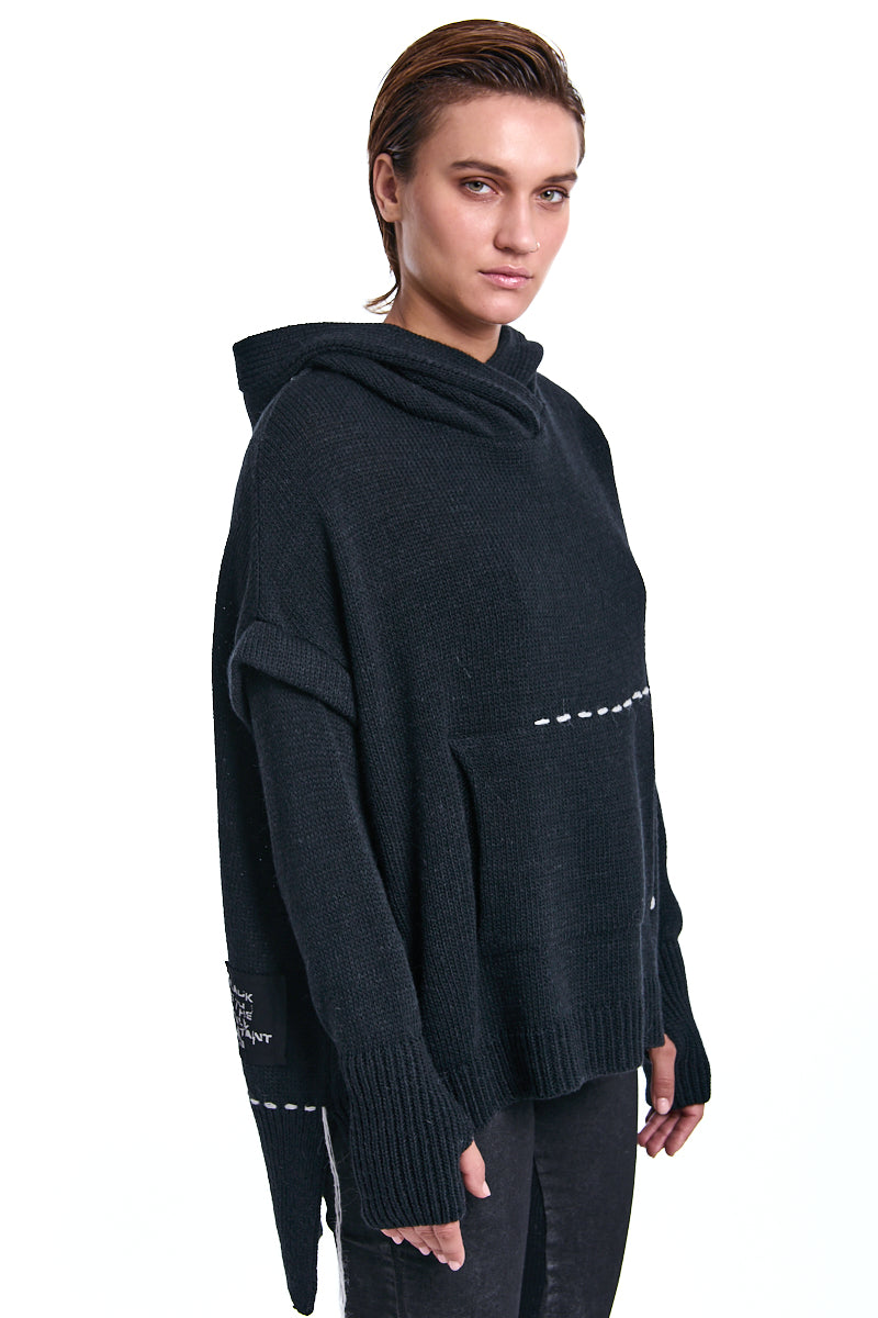 BLACK HOODED WOOL SWEATER