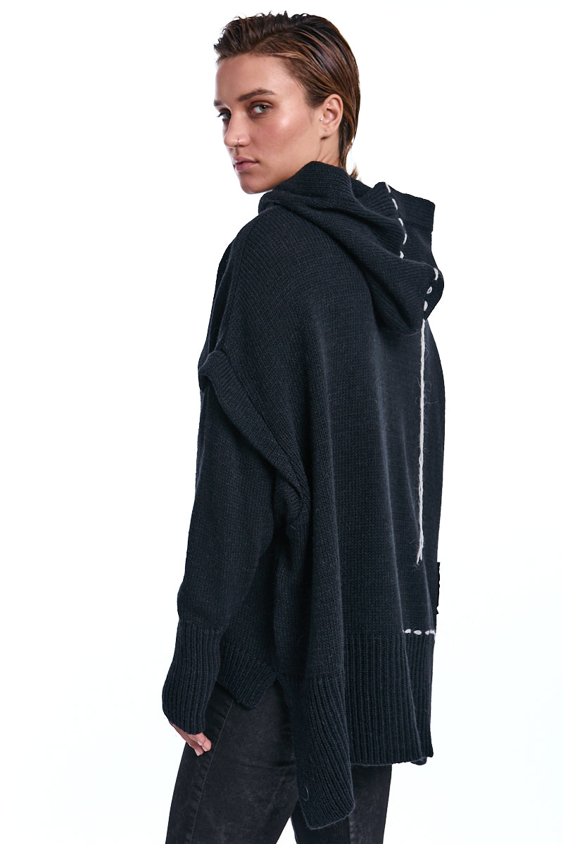 BLACK HOODED WOOL SWEATER