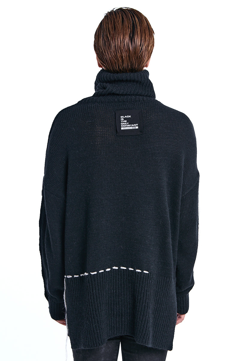 BLACK BUTTON SLEEVE WOOL TURTLENECK