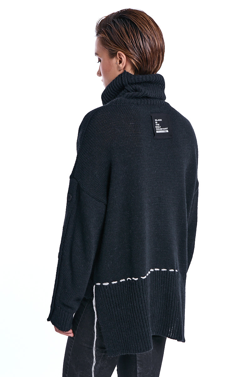 BLACK BUTTON SLEEVE WOOL TURTLENECK