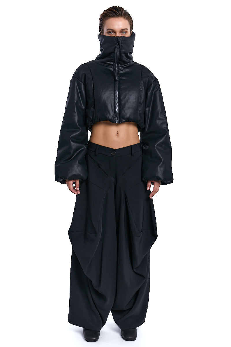 BLACK COATED CROP PADDED JACKET