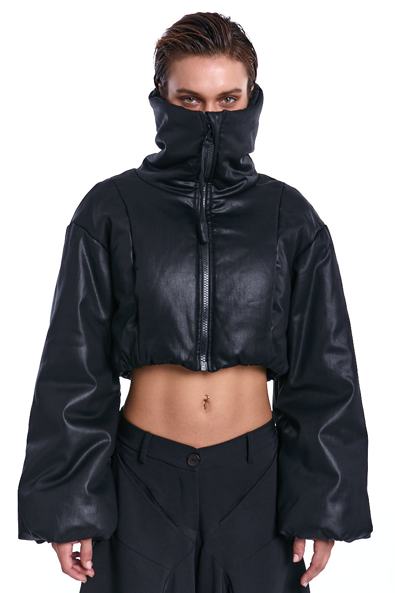 BLACK COATED CROP PADDED JACKET