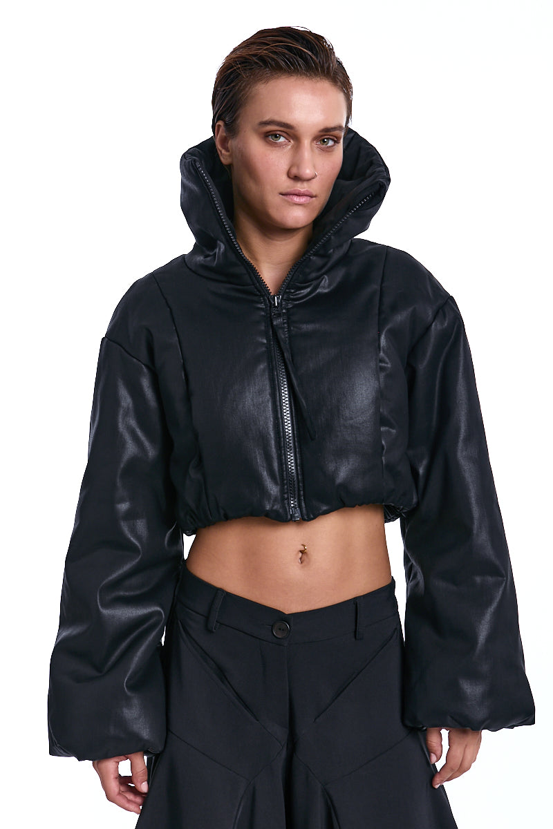 BLACK COATED CROP PADDED JACKET