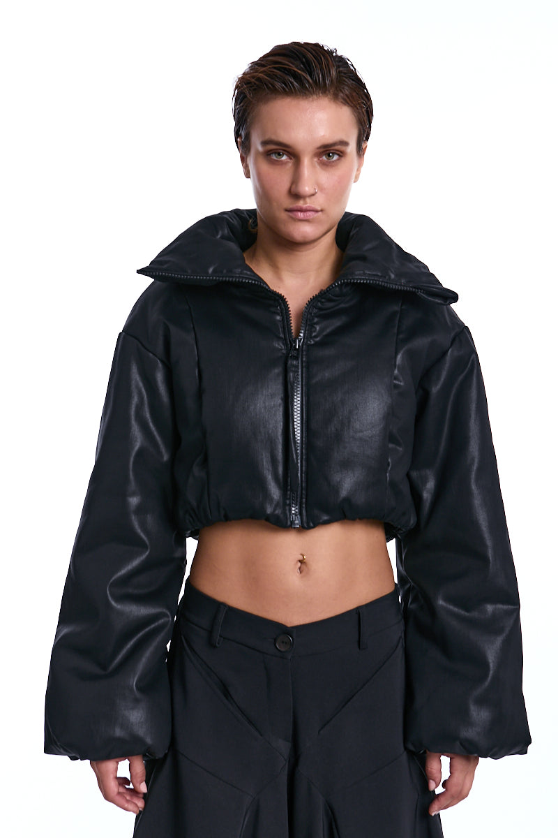 BLACK COATED CROP PADDED JACKET
