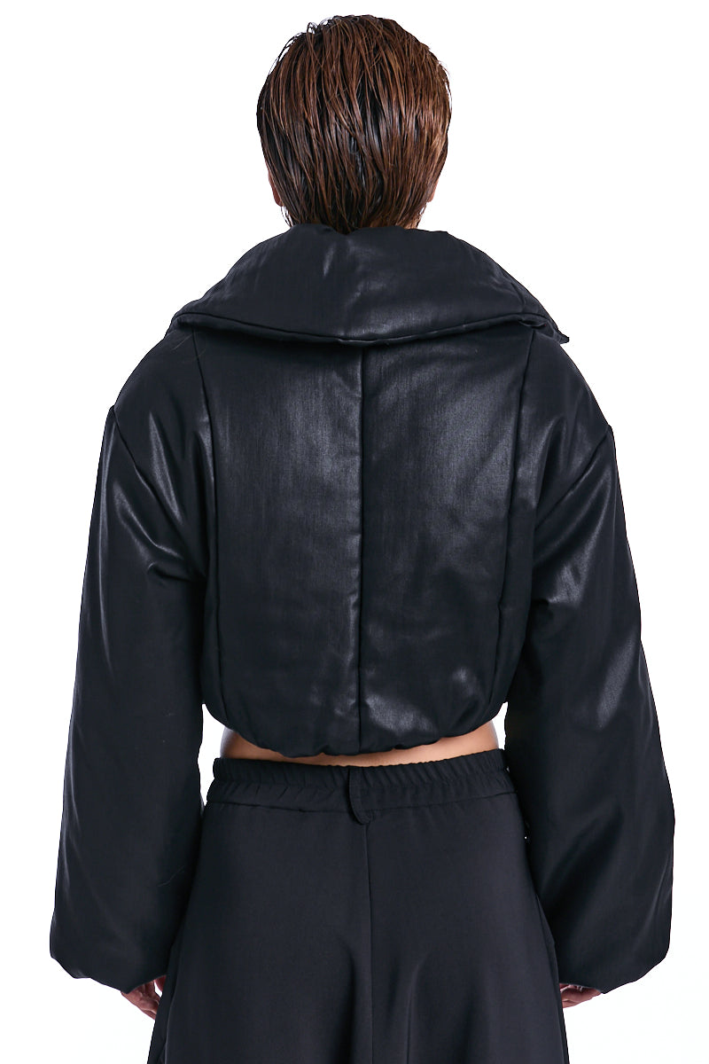 BLACK COATED CROP PADDED JACKET