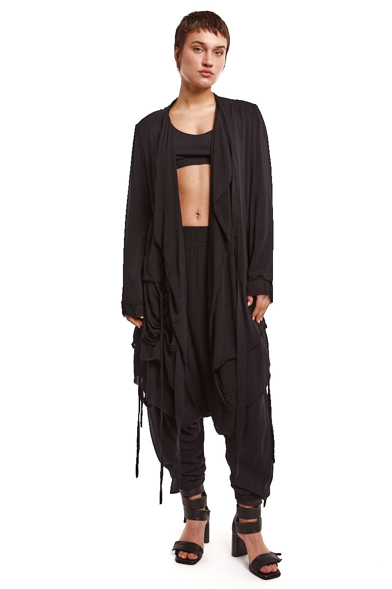BLACK DRAPED ASYMMETRIC CARDIGAN