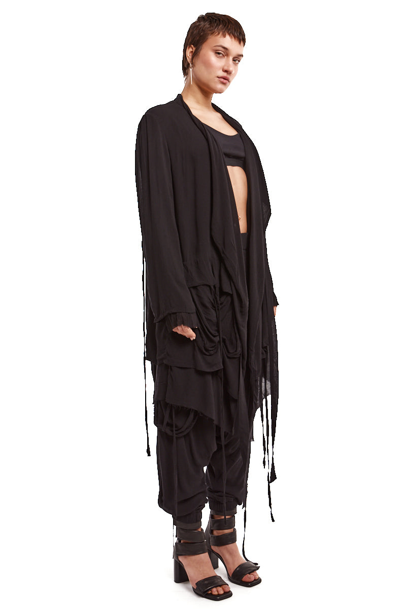 BLACK DRAPED ASYMMETRIC CARDIGAN