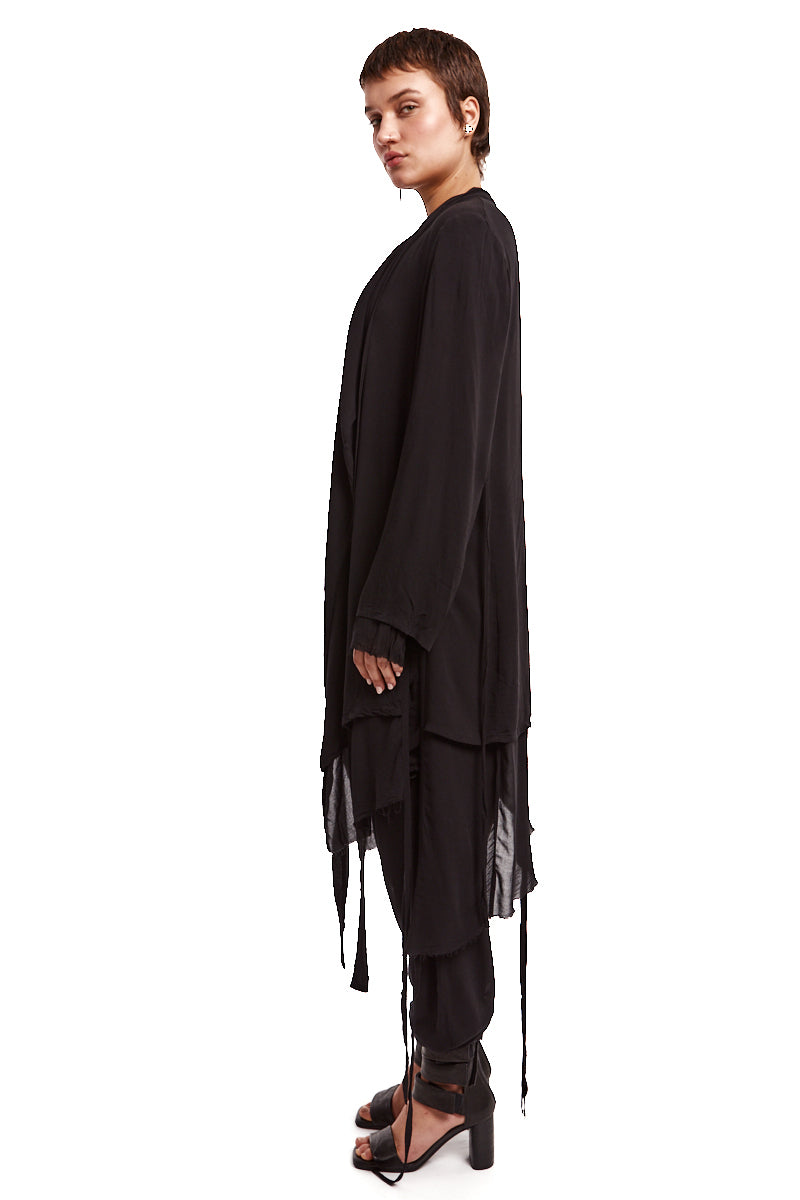 BLACK DRAPED ASYMMETRIC CARDIGAN