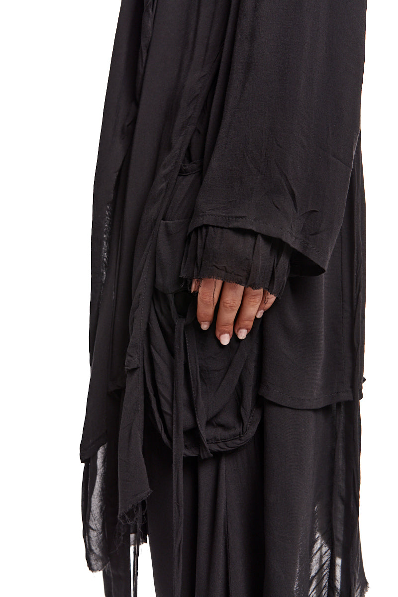 BLACK DRAPED ASYMMETRIC CARDIGAN