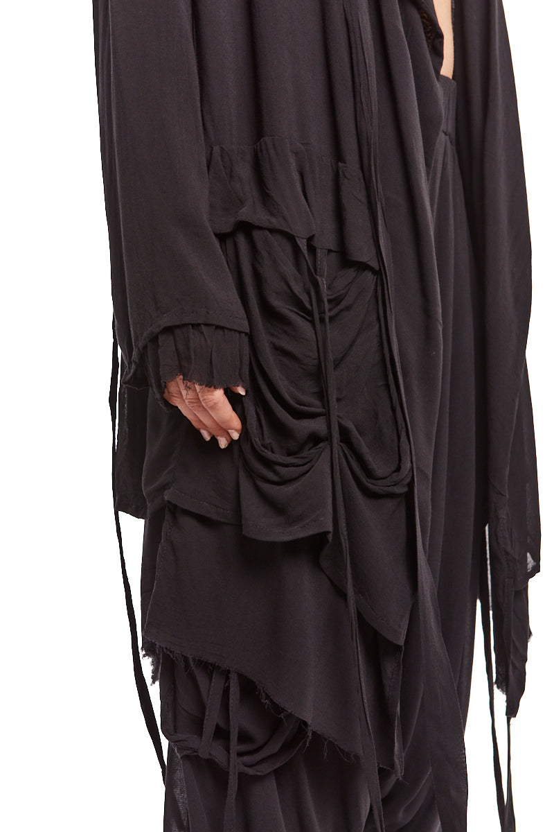 BLACK DRAPED ASYMMETRIC CARDIGAN