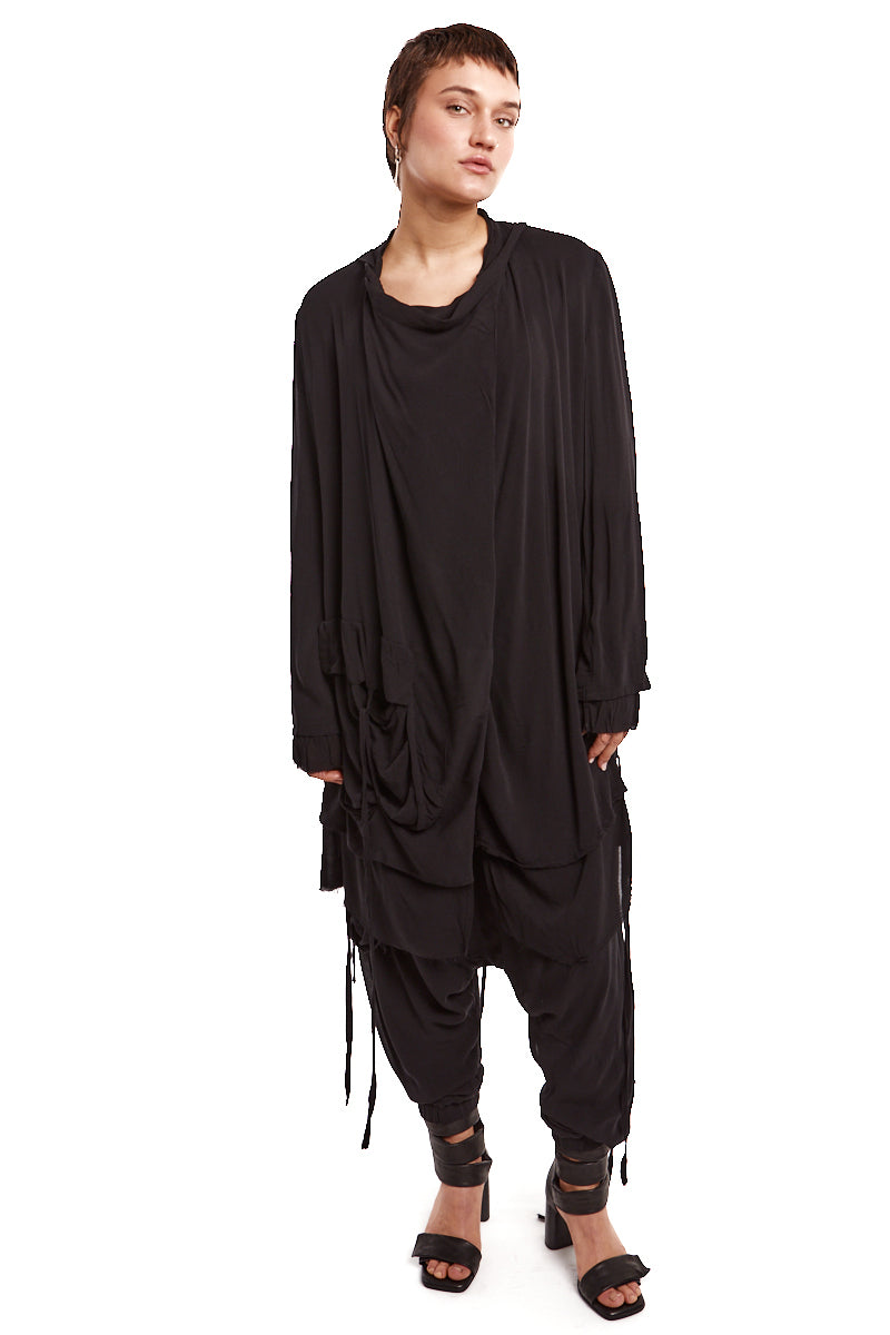 BLACK DRAPED ASYMMETRIC CARDIGAN