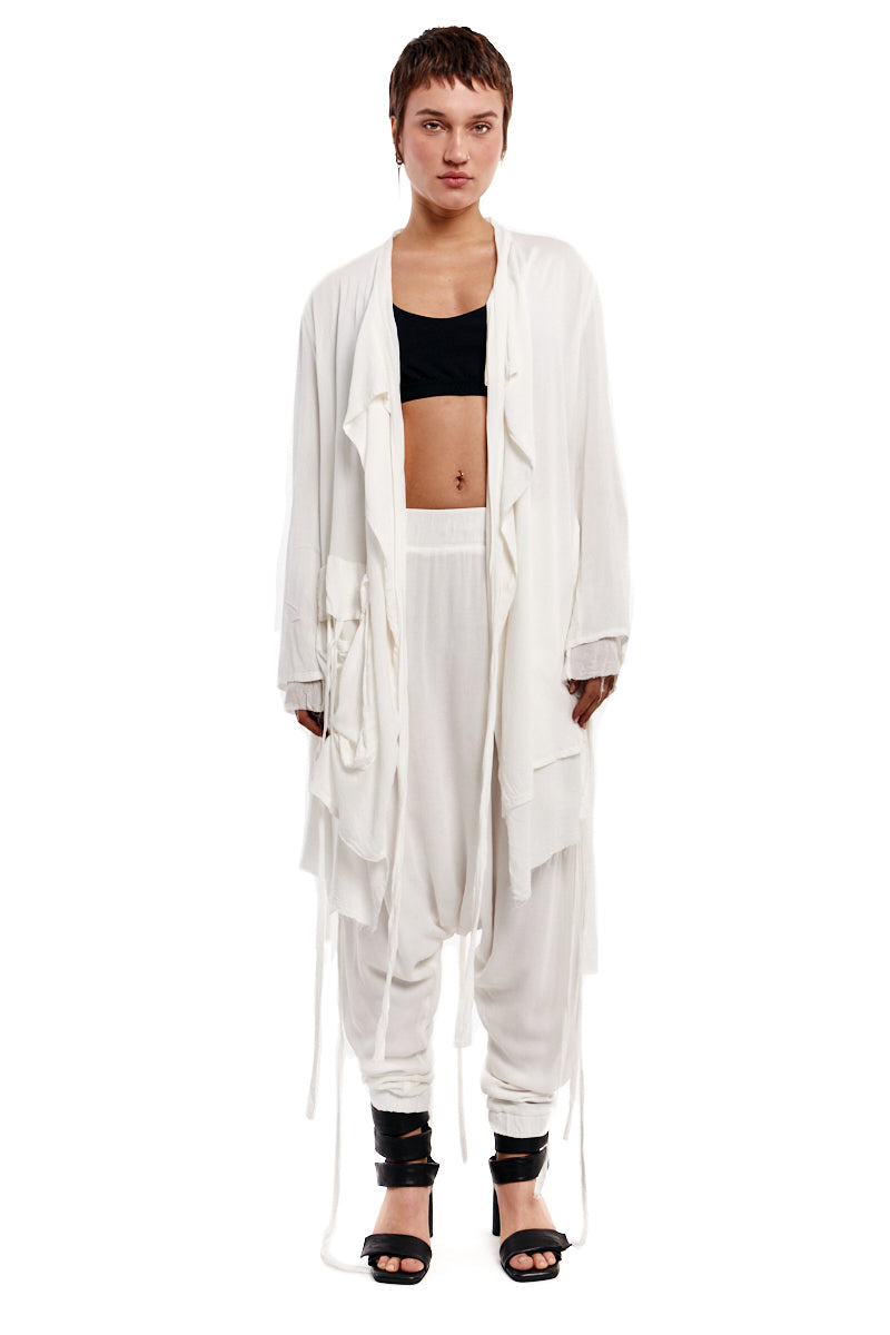 CREAM DRAPED ASYMMETRIC CARDIGAN