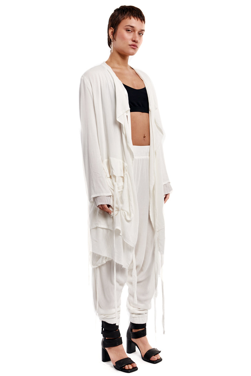 CREAM DRAPED ASYMMETRIC CARDIGAN