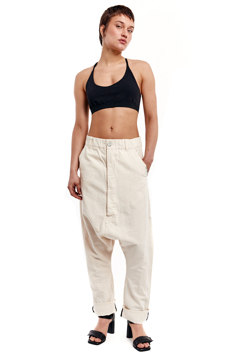 CREAM WRINKLED TEXTURED DENIM PANTS