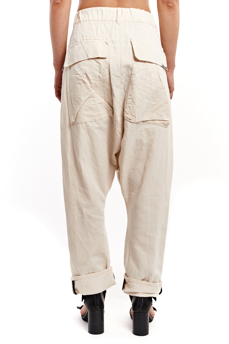 CREAM WRINKLED TEXTURED DENIM PANTS