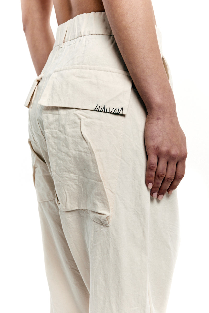 CREAM WRINKLED TEXTURED DENIM PANTS