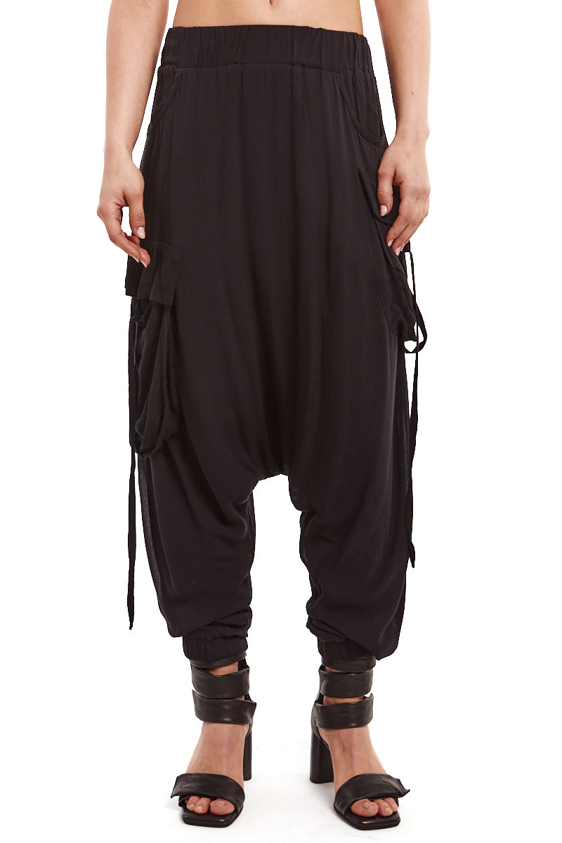 BLACK DRAPED LOW CROTCH PANTS