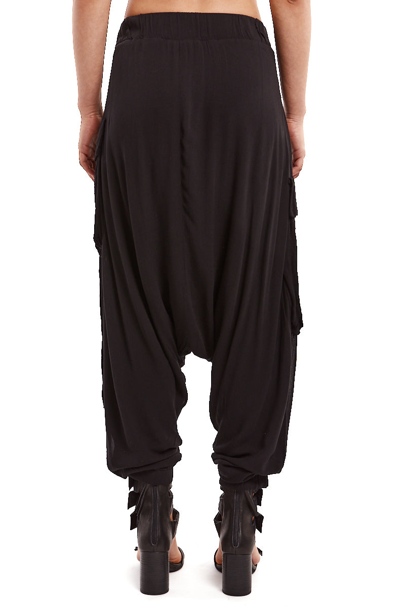 BLACK DRAPED LOW CROTCH PANTS