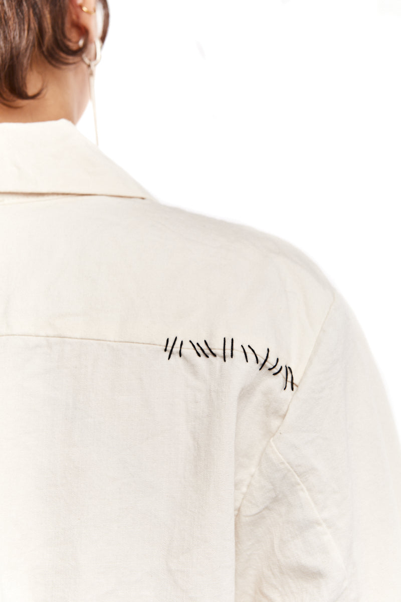 CREAM WRINKLED CROPPED DENIM JACKET