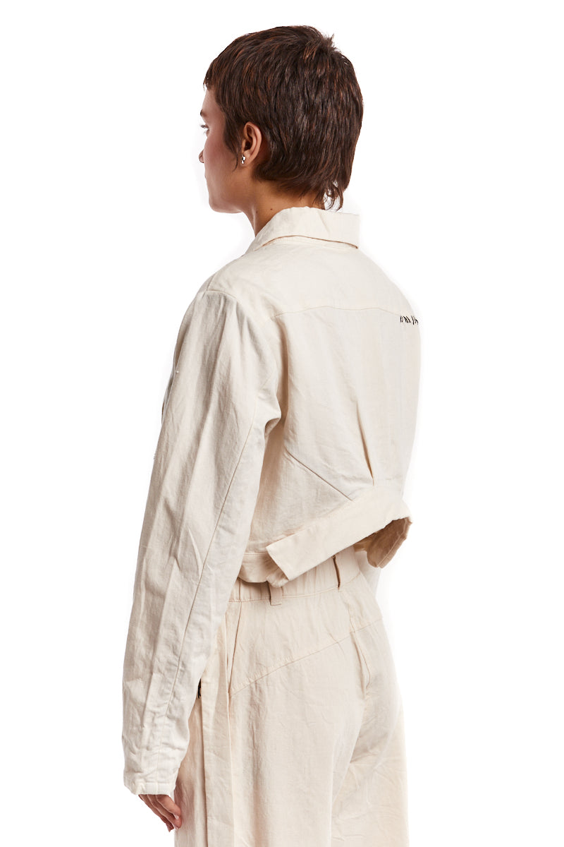 CREAM WRINKLED CROPPED DENIM JACKET