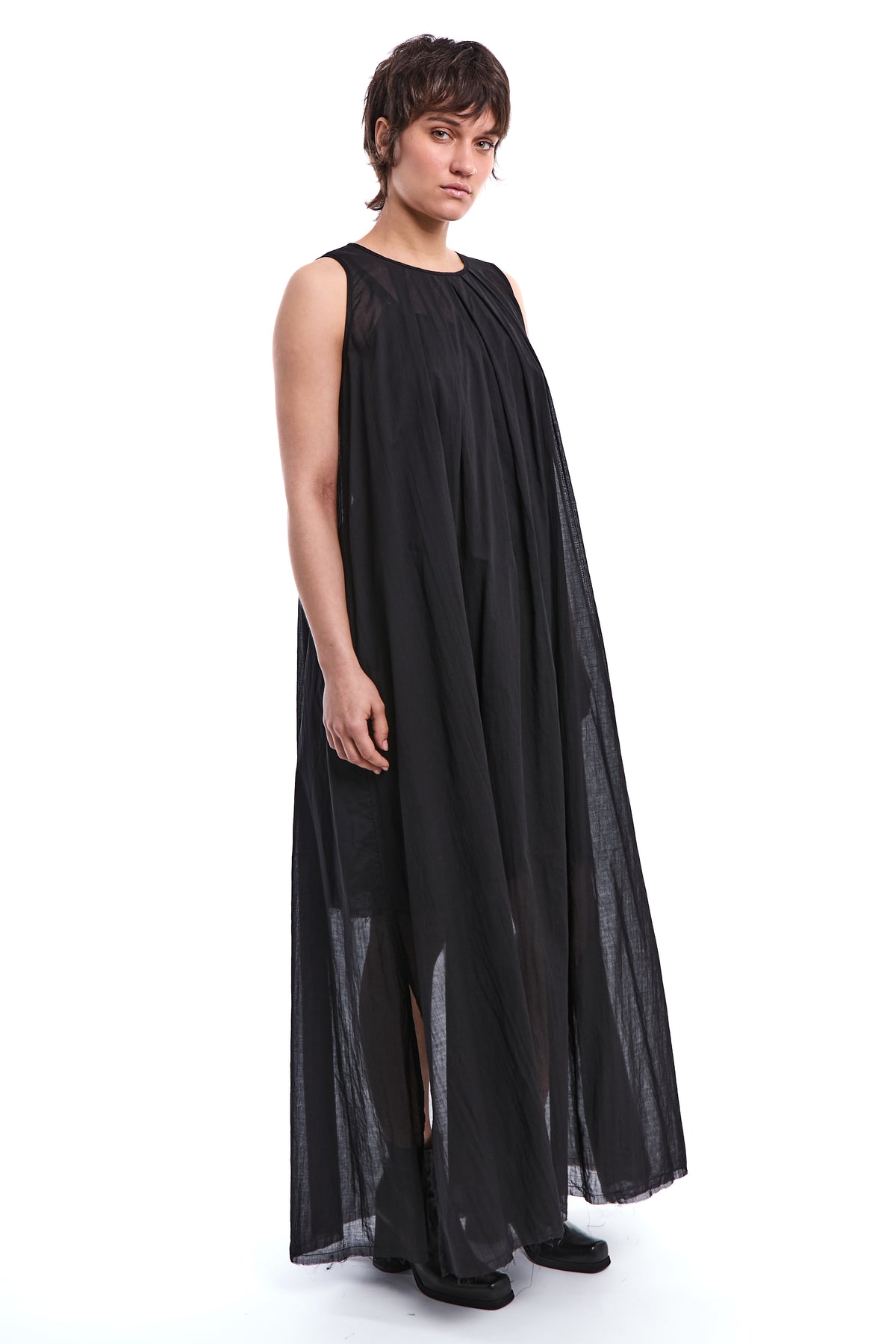 BLACK RAW VOILE MAXI DRESS